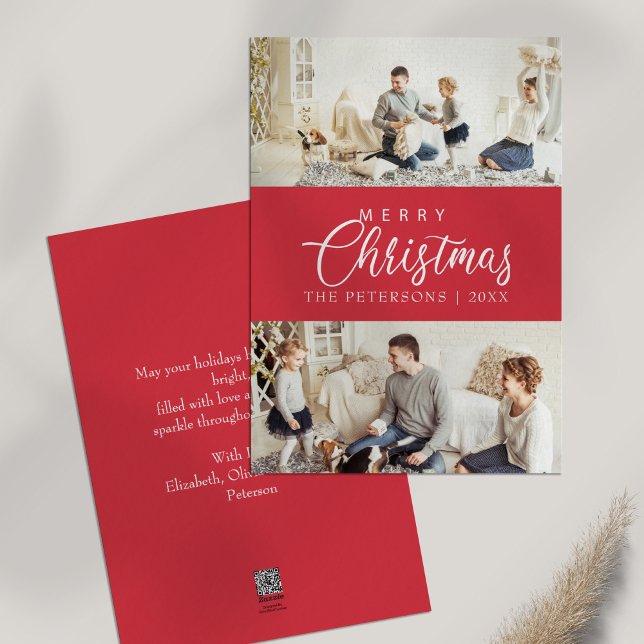 Tarjeta Festiva Navidades modernos de Collage de fotos rosa brilla (Modern Bright Pink Photo Collage Christmas Holiday Card on white table)