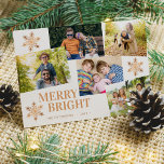 Tarjeta Festiva Navidades modernos de copos de nieve de color dora<br><div class="desc">Sencillo y moderno diseño 5 fotos personalizados,  tipografía de moda y copos de nieve dorados de cobre Merry & Bright white card. Fácil de personalizar con sus imágenes y su nombre de familia.</div>