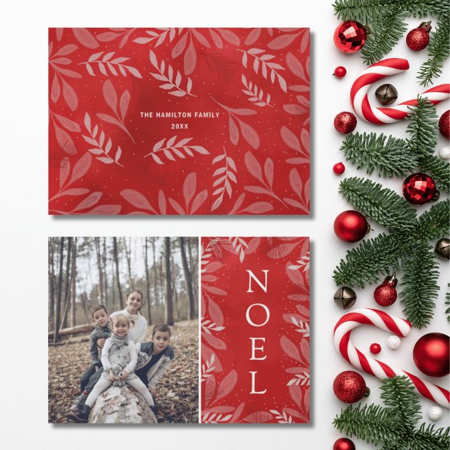 Tarjeta Festiva Navidades modernos de follaje rojo y blanco (Subido por el creador)