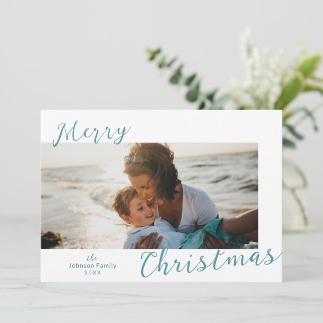 Tarjeta Festiva Navidades modernos de foto azul minimal (Anverso de pie)