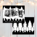 Tarjeta Festiva Navidades modernos de fotografía en blanco y negro<br><div class="desc">Tarjetas de Navidad personalizadas. Fotos familiares en blanco y negro con una línea de árboles de pinos altos y tarjetas simplistas modernas.</div>