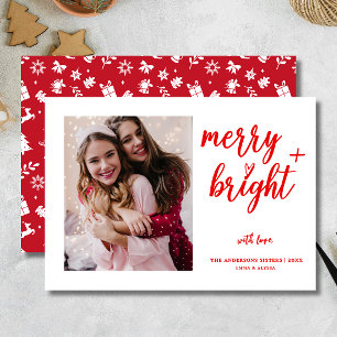 Tarjeta Festiva Navidades modernos de fotografía roja Merry Bright