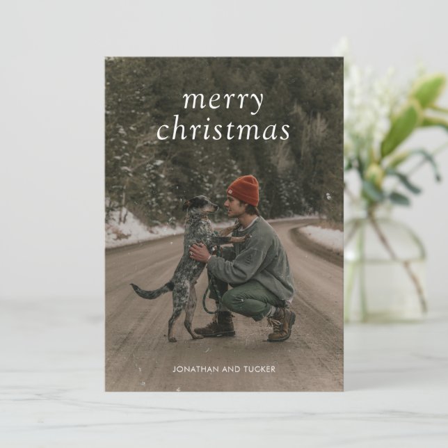 Tarjeta Festiva Navidades modernos de fotografía verde simple (Anverso de pie)