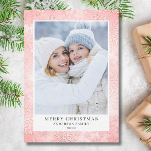 Tarjeta Festiva Navidades modernos de fotos de copos de nieve rosa