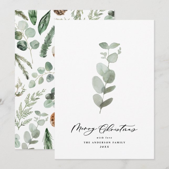Tarjeta Festiva Navidades modernos de guión mínimo de eucalipto (Anverso / Reverso)
