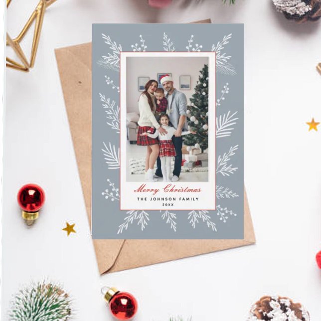Tarjeta Festiva Navidades modernos de marco botánico Dusty Blue (Subido por el creador)