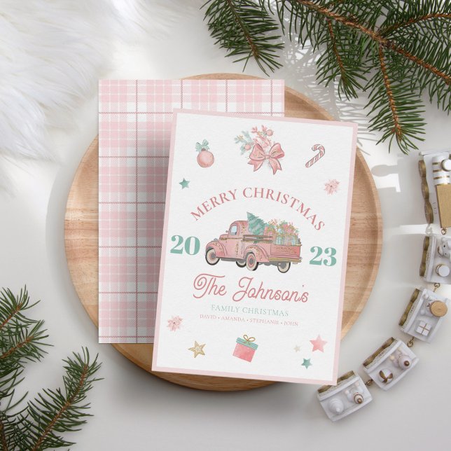 Tarjeta Festiva Navidades modernos de moda de un camión rosa de ép (Subido por el creador)