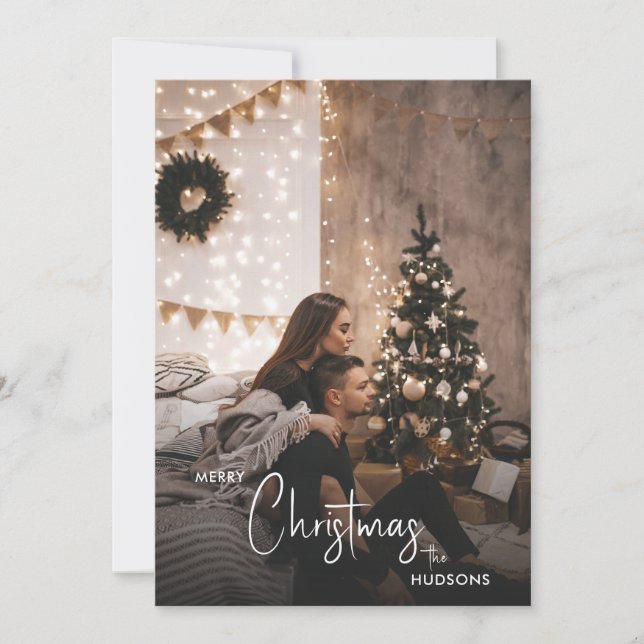 Tarjeta Festiva Navidades modernos de moda foto de pareja oscura h (Anverso)