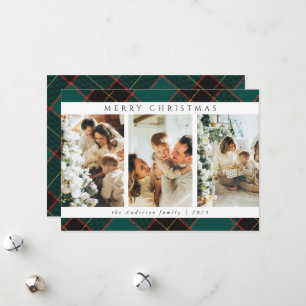 Tarjeta Festiva Navidades modernos de moda Green Tartan Plaid Phot