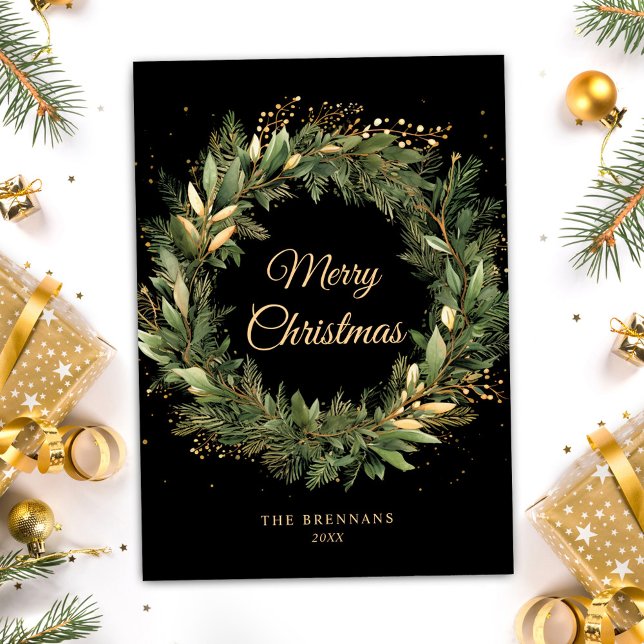 Tarjeta Festiva Navidades modernos de oro negro verde botánico (Modern Black Gold Christmas Greenery Botanical Holiday Card)