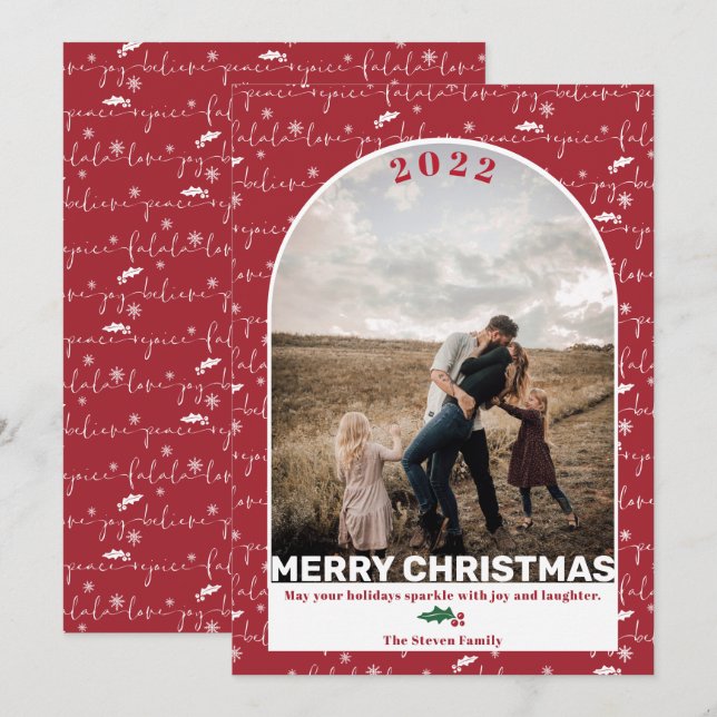Tarjeta Festiva Navidades modernos del arco de fotos rojas diciend (Anverso / Reverso)