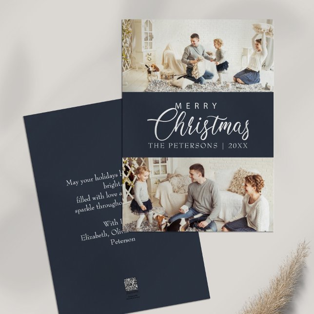 Tarjeta Festiva Navidades modernos del Collage de fotos Azul de Me (Modern Midnight Blue Photo Collage Christmas Holiday Card on white table)