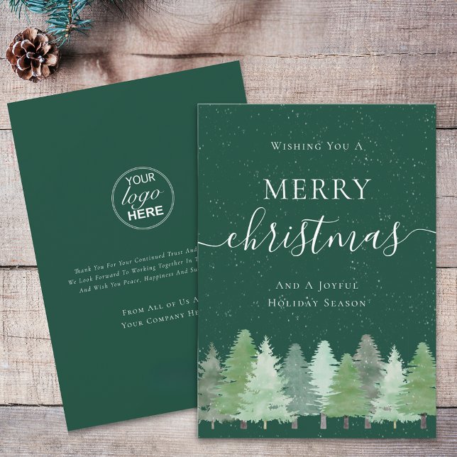 Tarjeta Festiva Navidades modernos del logotipo comercial de la Ni (Modern watercolor woodland snow green and white merry christmas company logo business holiday card)