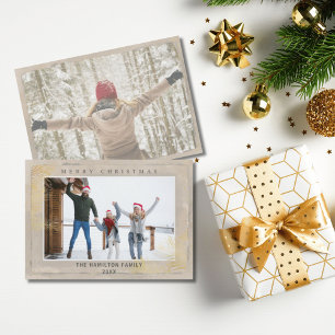 Tarjeta Festiva Navidades modernos del oro y el follaje beige