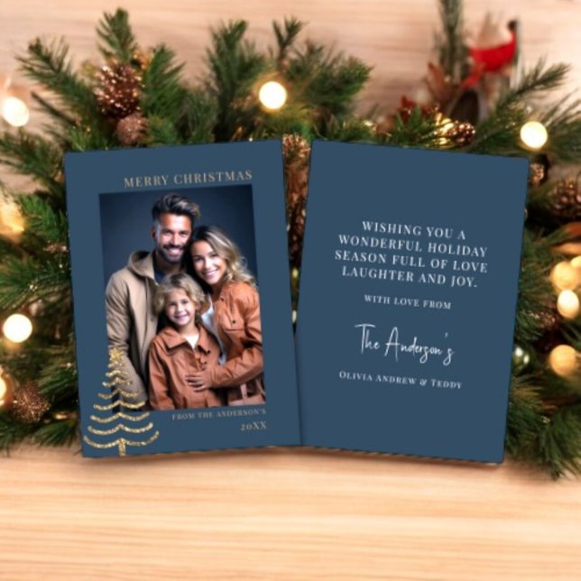 Tarjeta Festiva Navidades modernos Elegante familia de fotos Minim (modern blue photo minimal christmas card with a text template where you can add your special message)