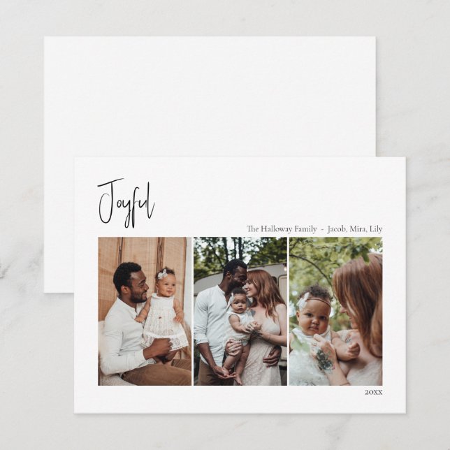 Tarjeta Festiva Navidades modernos escriben alegres tres fotos (Anverso / Reverso)