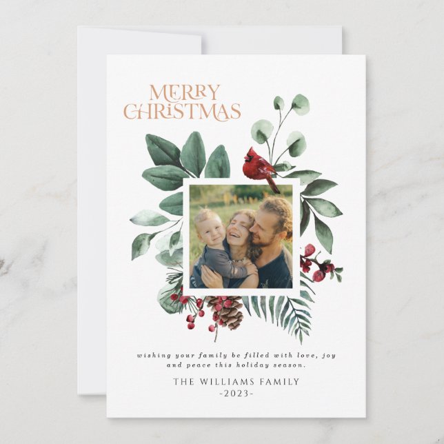 Tarjeta Festiva Navidades modernos Foliage cuadrado botánico 1 fot (Anverso)