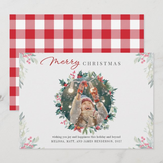 Tarjeta Festiva Navidades modernos Foto Gingham Botánica (Anverso / Reverso)