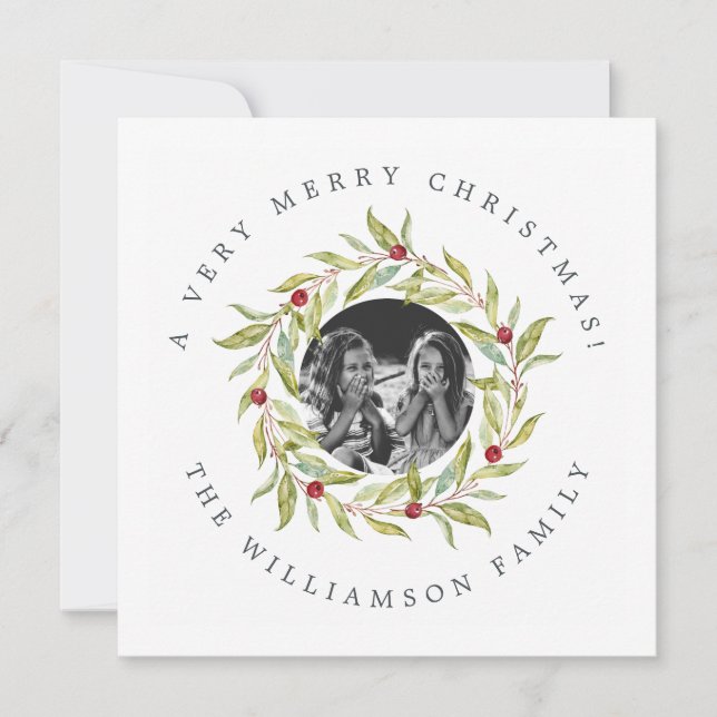 Tarjeta Festiva Navidades modernos Greenery Wreath Berries Foto (Anverso)