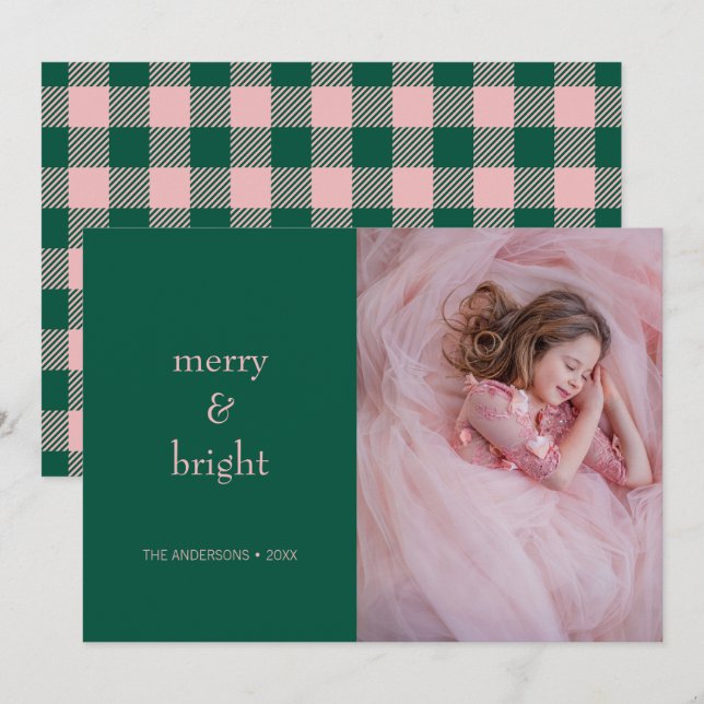 Tarjeta Festiva Navidades modernos merry y brillantes verde y rosa (Anverso / Reverso)