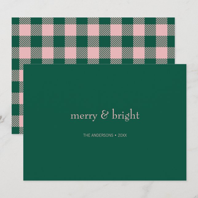 Tarjeta Festiva Navidades modernos merry y brillantes verdes y ros (Anverso / Reverso)