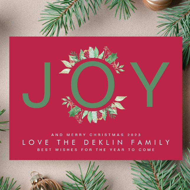 Tarjeta Festiva Navidades modernos: RED Magenta JOY Wreath Photo (Subido por el creador)