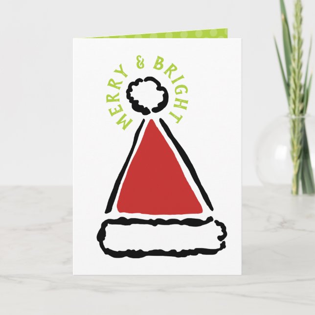 Tarjeta Festiva Navidades modernos Red Santa Hat Merry Bright (Anverso)