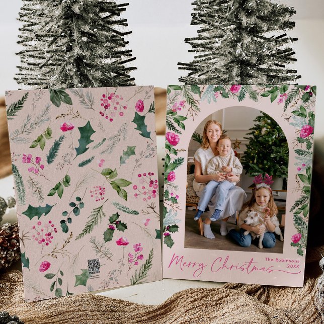 Tarjeta Festiva Navidades modernos Rubor Arco de verde rosado 1 Fo (Subido por el creador)
