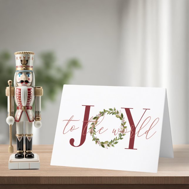 Tarjeta Festiva Navidades modernos y elegantes disfrutan de la gue (Modern Elegant Christmas Joy to the World Wreath Holiday Card)