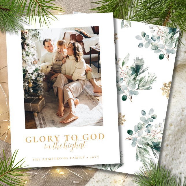 Tarjeta Festiva Navidades modernos y sencillos de fotografía de or (Religious Christmas card with photo, Bible verse and winter greenery)