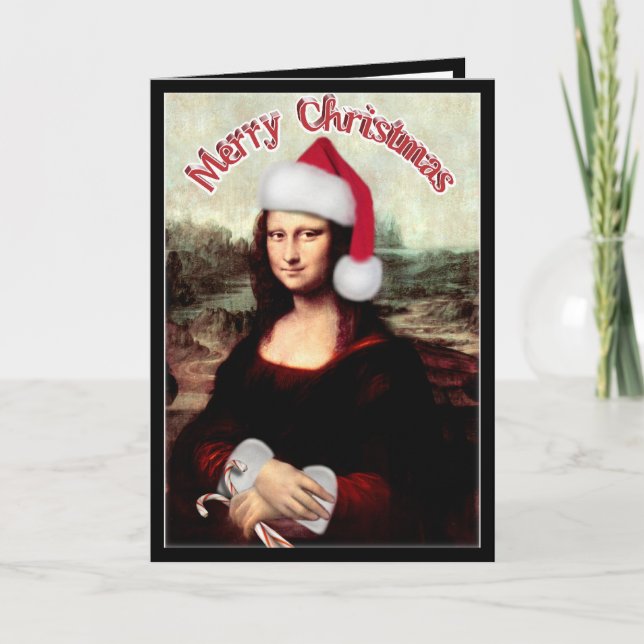Tarjeta Festiva Navidades Mona Lisa Con Santa Hat (Anverso)