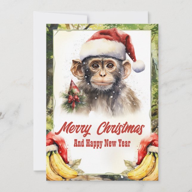 Tarjeta Festiva Navidades Monkey Watercolor (Anverso)