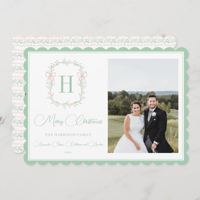 Tarjeta Festiva Navidades Monograma de la vegetación rosada de vac (Anverso / Reverso)