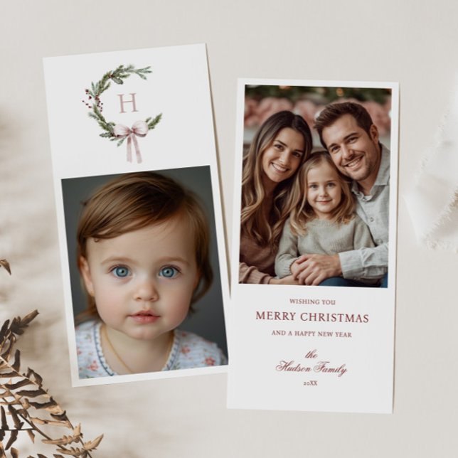 Tarjeta Festiva Navidades Monograma Wreath Rubor Bow Photo (Subido por el creador)