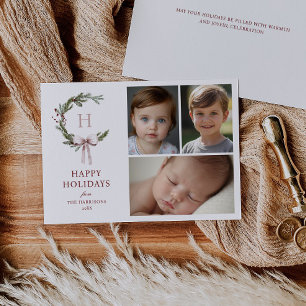 Tarjeta Festiva Navidades Monograma Wreath Rubor Bow Photo