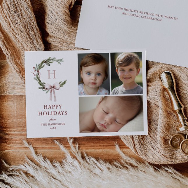 Tarjeta Festiva Navidades Monograma Wreath Rubor Bow Photo (Subido por el creador)