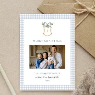 Tarjeta Festiva Navidades Monogramados de Cute Blue Gingham Plaid