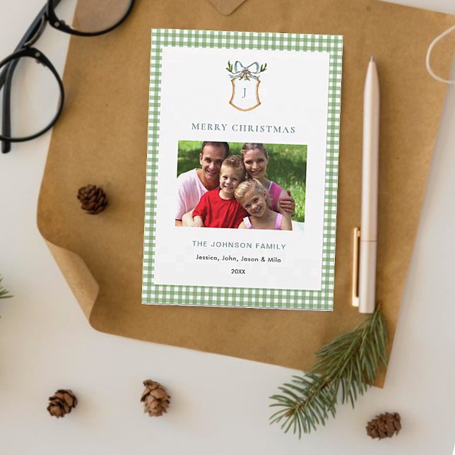 Tarjeta Festiva Navidades Monogramados de Cute Green Gingham Plaid (Subido por el creador)