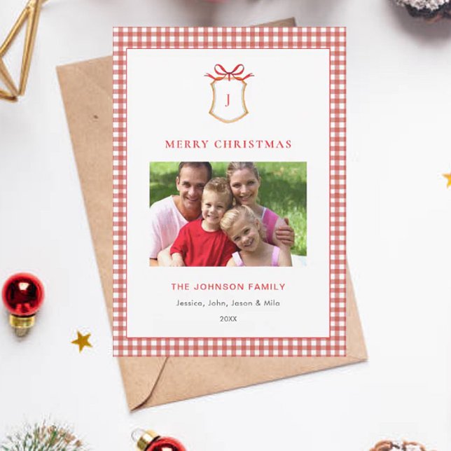 Tarjeta Festiva Navidades Monogramados de Cute Red Gingham Plaid (Subido por el creador)