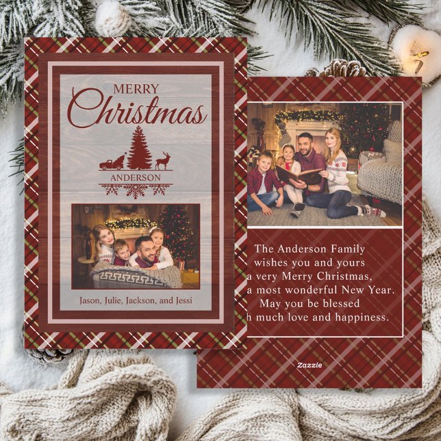 Tarjeta Festiva Navidades Monogramas Tartán 2 Fotogramo Verde Rojo (Rustic red and green plaid 2-photo "Merry Christmas" monogram greeting card)