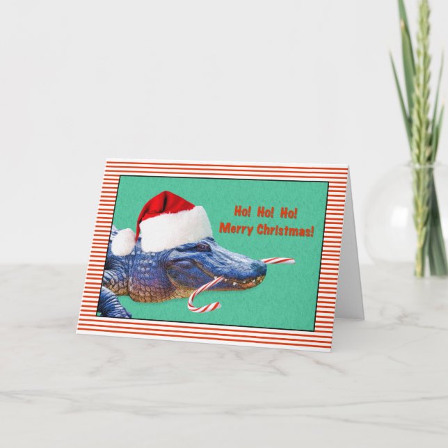 Tarjeta Festiva Navidades, mora, lagarto con Santa Hat (Anverso)