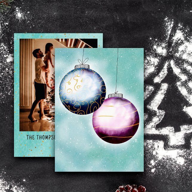 Tarjeta Festiva Navidades morados azul dorado Balls Foto familiar (Subido por el creador)