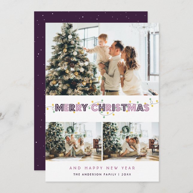 Tarjeta Festiva Navidades morados iluminan 3 Collages de fotos (Anverso / Reverso)