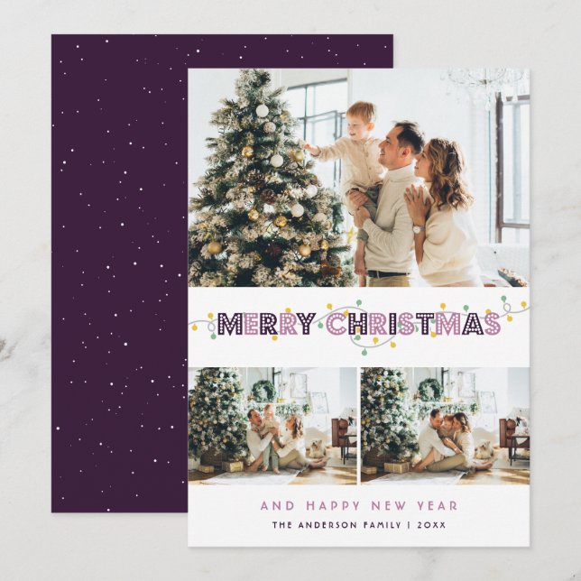 Tarjeta Festiva Navidades morados iluminan 3 Collages de fotos (Anverso / Reverso)
