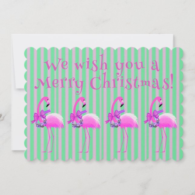 Tarjeta Festiva Navidades morados rosados flamencos personalizados (Anverso)