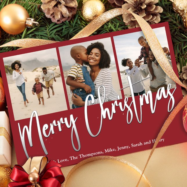 Tarjeta Festiva Navidades Multi Photo Winter Greenery Holly (The background and artwork are also editable. Design to fit your party theme and décor. )