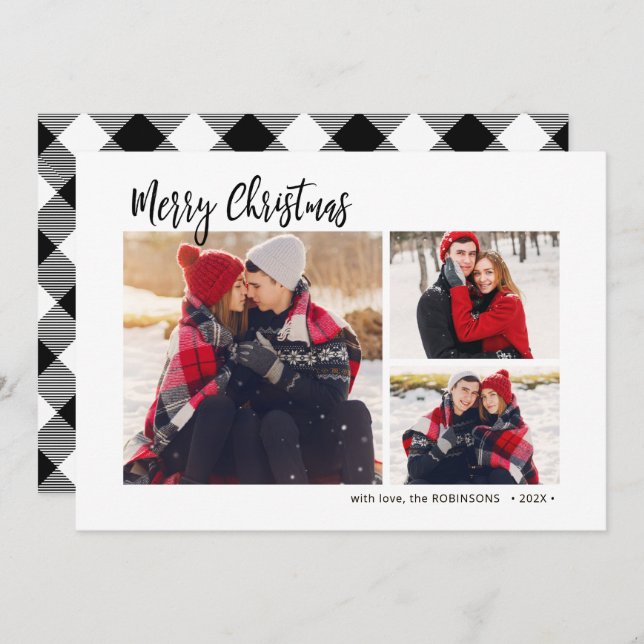 Tarjeta Festiva Navidades multifoto de Buffalo Plaid Rustic 3 (Anverso / Reverso)