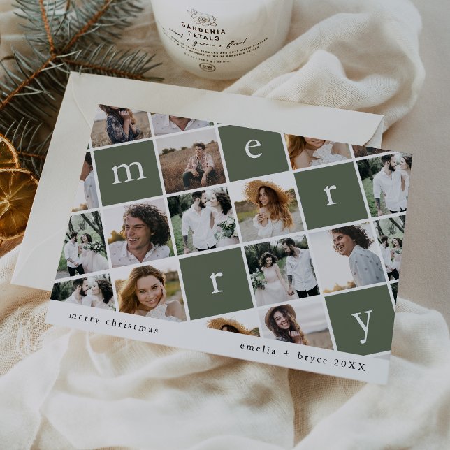 Tarjeta Festiva NAVIDADES multifoto de la familia moderna verde EM (EMELIA Green Modern Family Multi Photo Christmas Holiday Card)
