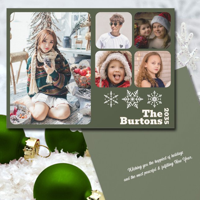 Tarjeta Festiva Navidades multifoto Snowflake Green (Multi-photo greeting card with a simple modern  holiday design  that will let your fave pics shine.)