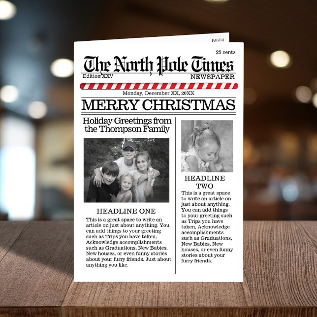 Tarjeta Festiva Navidades multifotográficos de Santa News cortan m (Merry Christmas holiday photo folding card with a cute newspaper template. )